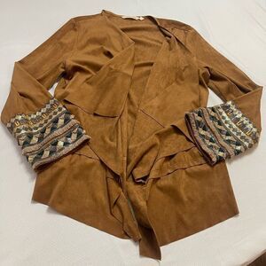 Soft Surroundings Faux Suede Embroidered Cuff Open Draped Cardigan Jacket Sz L